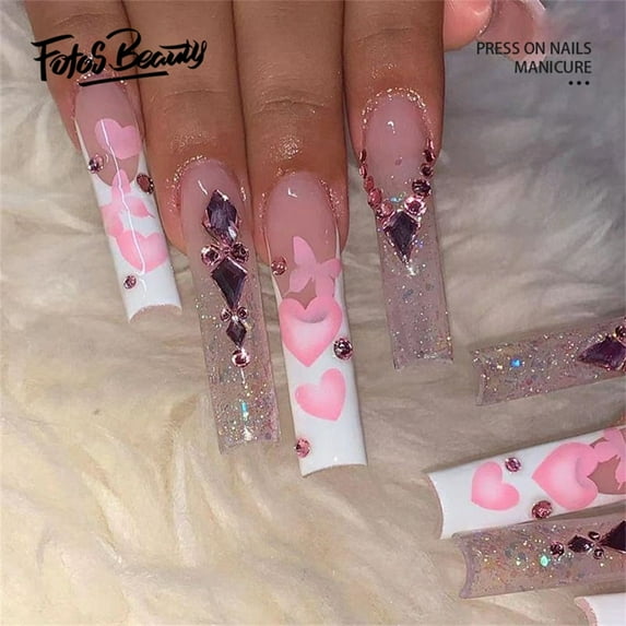 Fofosbeauty 24pcs Press on False Nails, Long Coffin Fake Nails, Heart Shape French White Diamonds