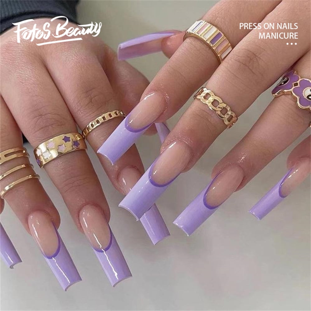 Fofosbeauty 24pcs Press on False Nails, Long Coffin Fake Nails, Light