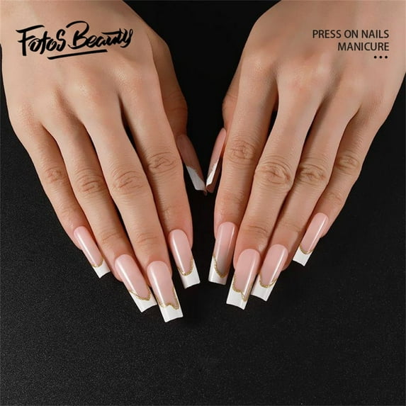 Fofosbeauty 24pcs Press on False Nails, Long Coffin Fake Nails, Long French White with Gold Line