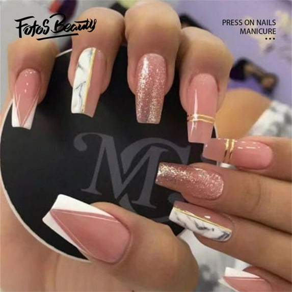 Fofosbeauty 24pcs Press on False Nails, Long Coffin Fake Nails,Spark Glod with French Vwhite
