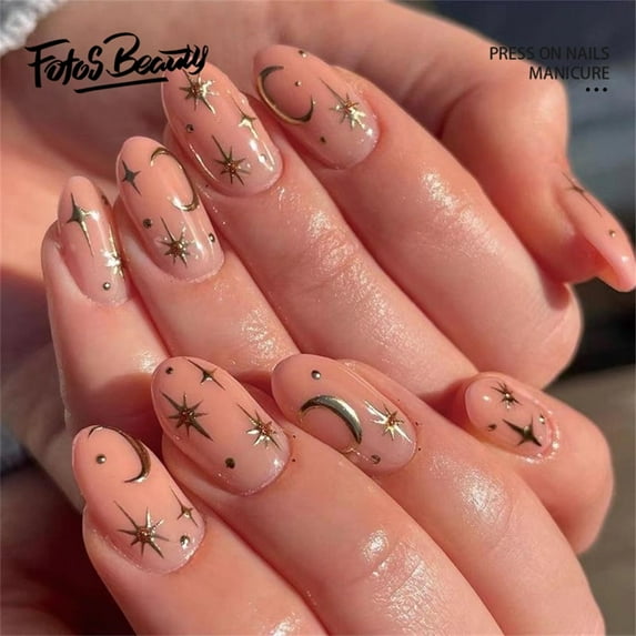 Fofosbeauty 24pcs Press on False Nails, Medium Round Fake Nails, Moon and Star in Nude Sky