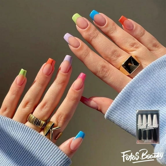 Fofosbeauty 24pcs Press on False Nails,Short Coffin Fake Nails, Colorful Day French