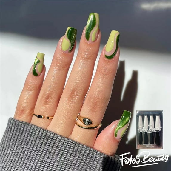 Fofosbeauty 24pcs Press on False Nails, Short Coffin Fake Nails, Short Coffin Grace Green Pop Art