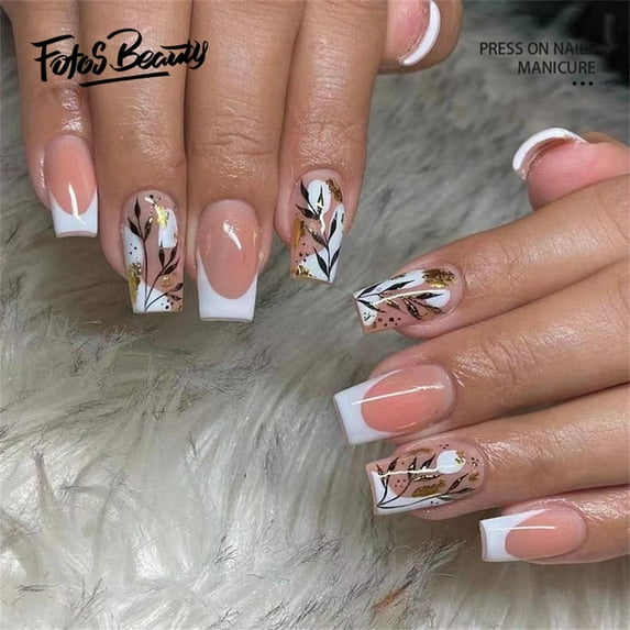 Fofosbeauty 24pcs Press on False Nails, Short Square Fake Nails, White French Autumn Leaves