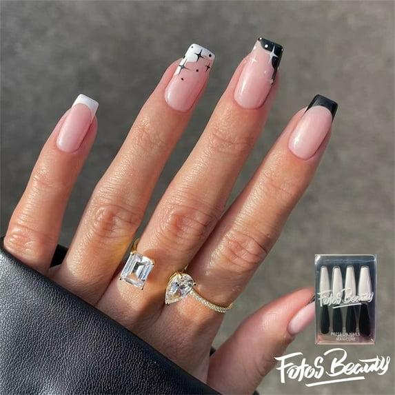 Fofosbeauty 24pcs Press on False Nails, Square Fake Nails, Short Square B&W French Little Star