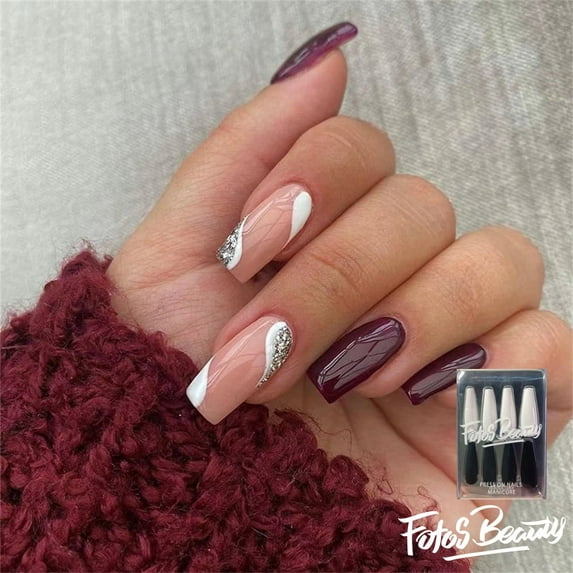 Fofosbeauty 24pcs Press on False Nails, Square Fake Nails, Short Square Op-Art Brown Redwine