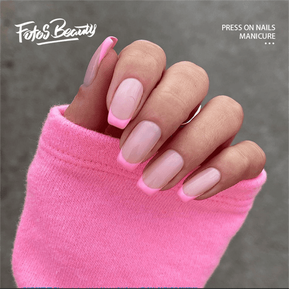 Fofosbeauty 24pcs Press on False Nails, Square Fake Nails, Square French Pink Nude