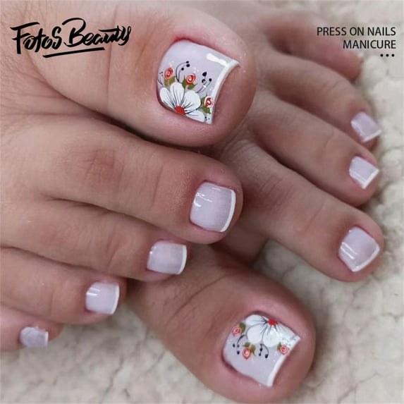 Fofosbeauty 24pcs Press on False Nails,Square Toe Fake Acrylic Nails, Spring and Summer Flowers White