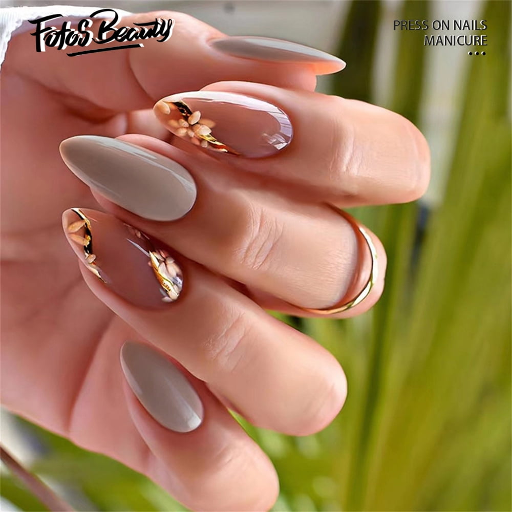 24Pcs Press on Nails Medium, Gold Foil Black Acrylic Nails Full Cover  Almond Shaped False Nails with Designs Glossy Glue on Nails Gold Glitters  Mable