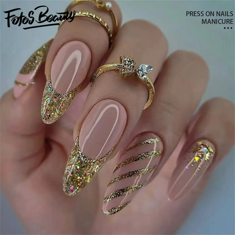 24Pcs Press on Nails Medium, Gold Foil Black Acrylic Nails Full Cover  Almond Shaped False Nails with Designs Glossy Glue on Nails Gold Glitters  Mable