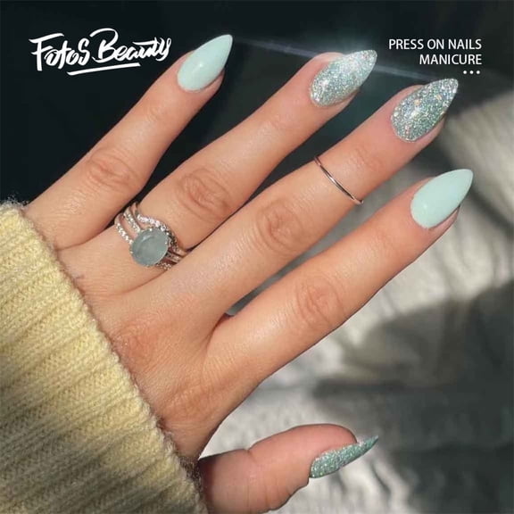 Fofosbeauty 24pcs Press on False Nails Tips, Almond Fake Acrylic Nails, Glittering Mint Blue