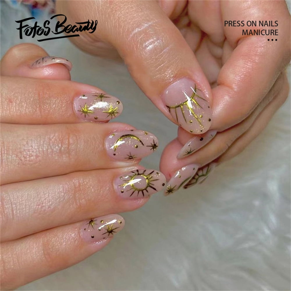 Fofosbeauty 24pcs Press on False Nails Tips,Almond Fake Acrylic Nails,Sunmoon  Stars - Walmart.com, image size:1000x1000