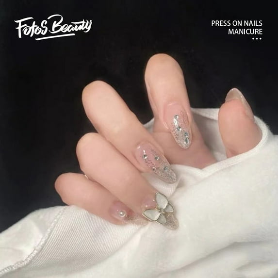 Fofosbeauty 24pcs Press on False Nails Tips, Almond Fake Nails, Almond Clear Diamond Butterfly