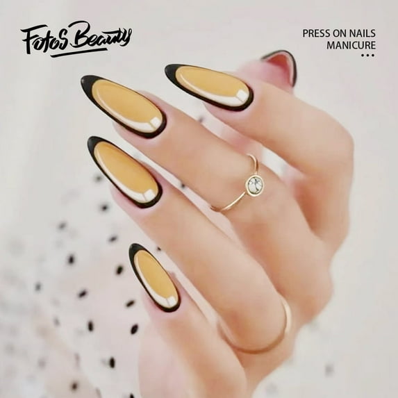 Fofosbeauty 24pcs Press on False Nails Tips, Almond Fake Nails, Almond French Black Edge