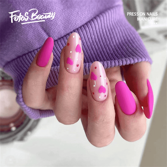 Fofosbeauty 24pcs Press on False Nails Tips, Almond Fake Nails,Almond Frosted Rose Heart