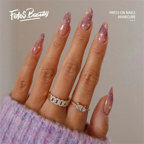 Fofosbeauty 24pcs Press on False Nails Tips,Almond Fake Nails, Almond Glittering Star Moon