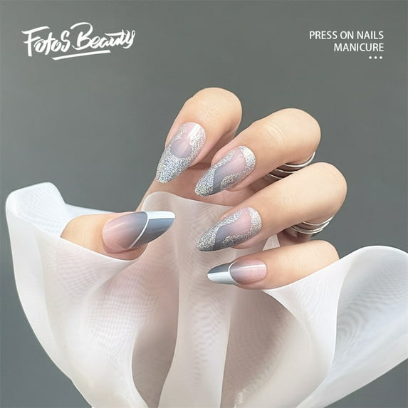 Fofosbeauty 24pcs Press on False Nails Tips, Almond Fake Nails, Almond Haze Blue Shining
