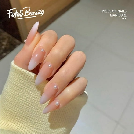 Fofosbeauty 24pcs Press on False Nails Tips, Almond Fake Nails, Almond Nude Pearls
