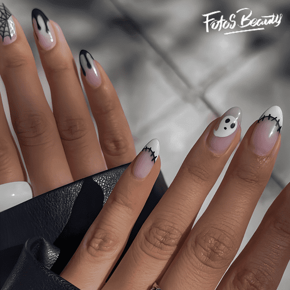 Halloween Nails Fofosbeauty 24pcs Press on False Nails Tips, Almond Fake Acrylic Nails, Cobweb-friendly Lmps