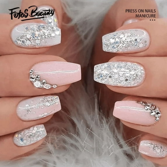Fofosbeauty 24pcs Press on False Nails Tips, Coffin Acrylic Nails, Diamond Pink Silver White