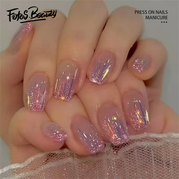 Fofosbeauty 24pcs Press on False Nails Tips, Coffin Fake Acrylic Nails, Aurora Meteor Pink Purple
