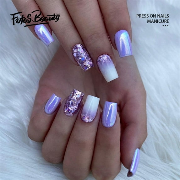 Fofosbeauty 24pcs Press on False Nails Tips,Coffin Fake Acrylic Nails, Aurora Silvery Purple