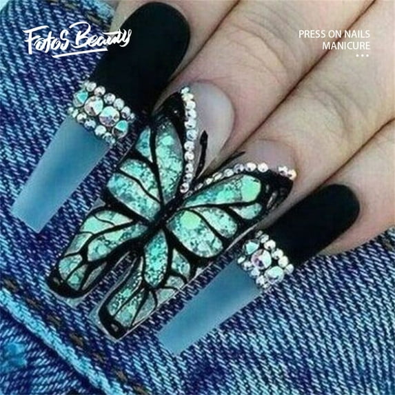Fofosbeauty 24pcs Press on False Nails Tips, Coffin Fake Acrylic Nails, Butterfly Dark Green
