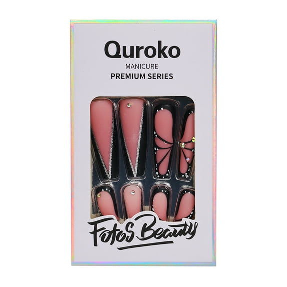 Fofosbeauty 24pcs Press on False Nails Tips,Coffin Fake Acrylic Nails, Butterfly Outline Black