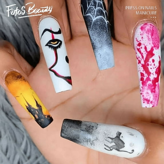 Fofosbeauty 24pcs Press on False Nails Tips, Coffin Fake Acrylic Nails, Colourful Halloween