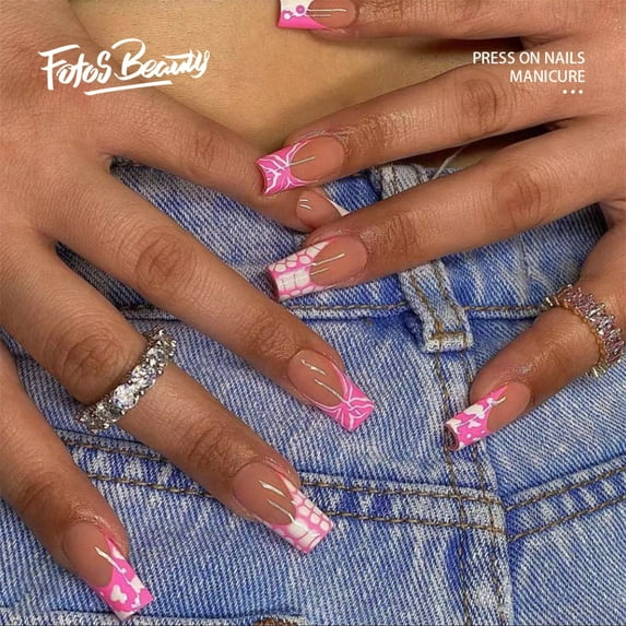 Fofosbeauty 24pcs Press on False Nails Tips, Coffin Fake Acrylic Nails, Crocodile Cow Print Pink