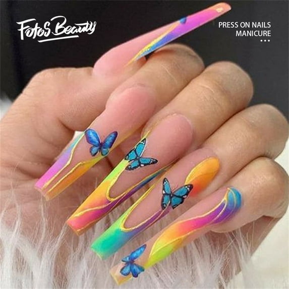 Fofosbeauty 24pcs Press on False Nails Tips, Coffin Fake Acrylic Nails, Dazzle Butterfly
