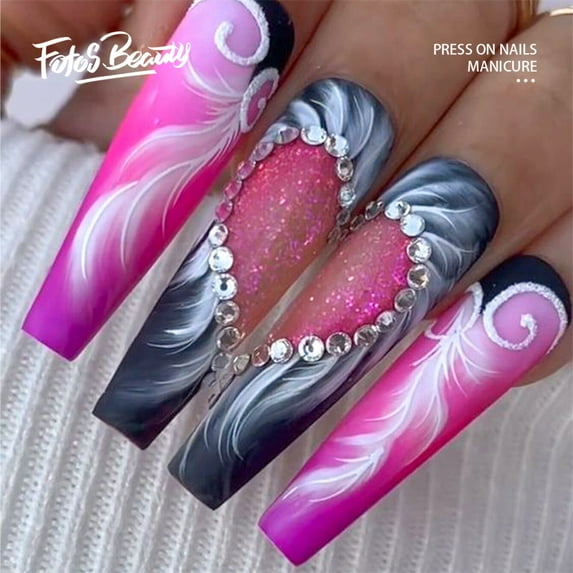Fofosbeauty 24pcs Press on False Nails Tips, Coffin Fake Acrylic Nails, Feather Heart Gradual Pink
