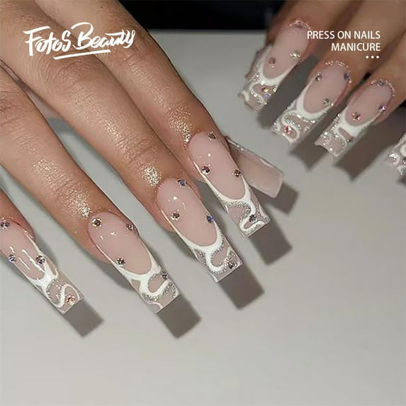 Fofosbeauty 24pcs Press on False Nails Tips, Coffin Fake Acrylic Nails, Flash Crush Drill Lines White