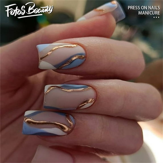 Fofosbeauty 24pcs Press on False Nails Tips, Coffin Fake Acrylic Nails, Flowery Texture FoggyBlue