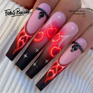 Foccna Coffin Valentine's Day Press on Nails Pink Medium Long Fakes Nails  Rhinestone Women's Bling Acrylic False Nails Full Cover Matte Nails Art