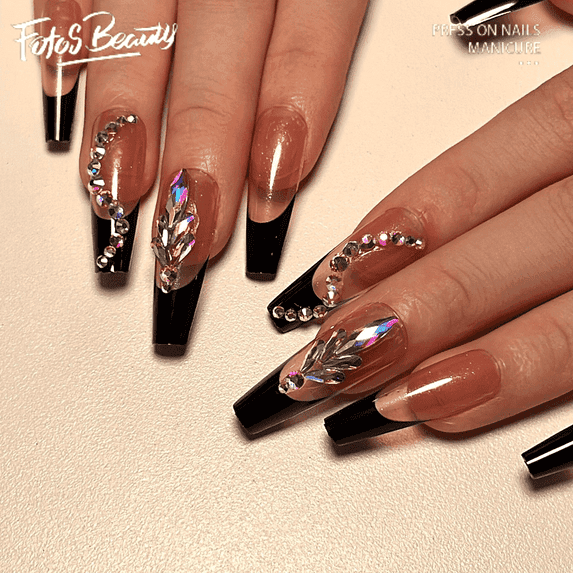 Fofosbeauty 24pcs Press on False Nails Tips, Coffin Fake Acrylic Nails, French Diamond Black