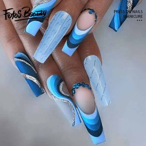 Fofosbeauty 24pcs Press on False Nails Tips, Coffin Fake Acrylic Nails, French Gradual Blue