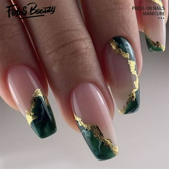 Fofosbeauty 24pcs Press on False Nails Tips, Coffin Fake Acrylic Nails, Gilt French Emerald Green