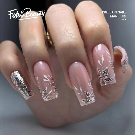 Fofosbeauty 24pcs Press on False Nails Tips, Coffin Fake Acrylic Nails, Glitter Pink Maple Leaves Silver