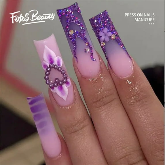Fofosbeauty 24pcs Press on False Nails Tips, Coffin Fake Acrylic Nails, Graudal Shinning Flower Purple