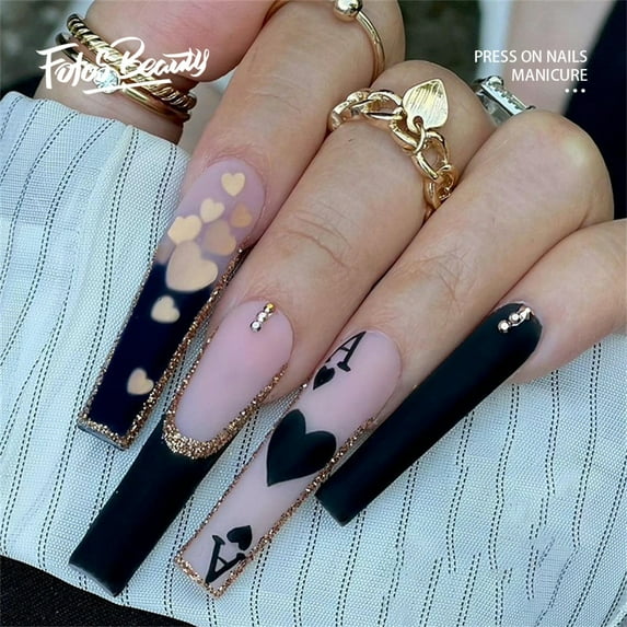 Fofosbeauty 24pcs Press on False Nails Tips, Coffin Fake Acrylic Nails, Love Spades Black
