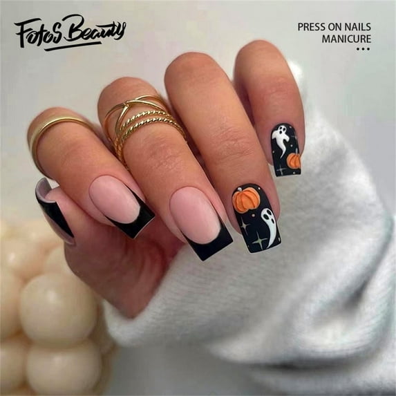 Fofosbeauty 24pcs Press on False Nails Tips, Coffin Fake Acrylic Nails, Pumpkin Ghost French Matte Black