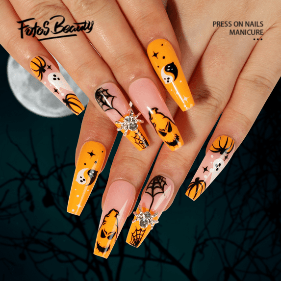 Fofosbeauty 24pcs Press on False Nails Tips, Coffin Fake Acrylic Nails, Pumpkin Ghost