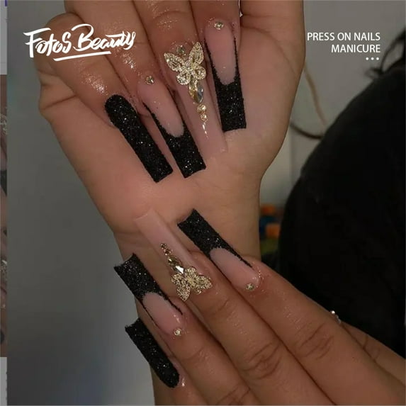 Fofosbeauty 24pcs Press on False Nails Tips, Coffin Fake Acrylic Nails, Shinning Bueerfly Black