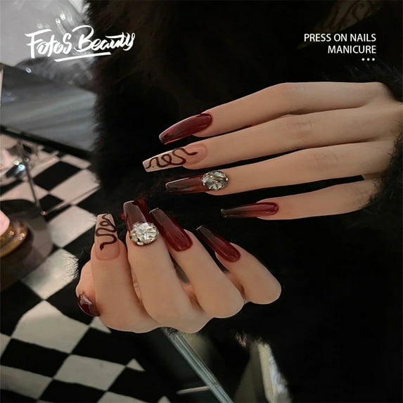 Fofosbeauty 24pcs Press on False Nails Tips, Coffin Fake Acrylic Nails, Snake Diamond Red-black