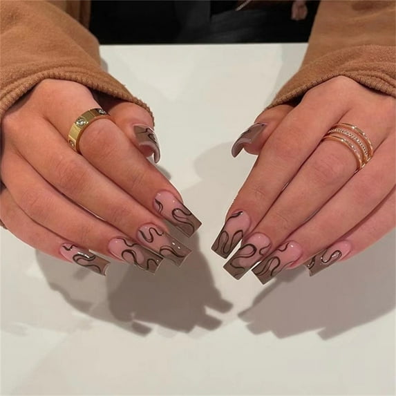 Fofosbeauty 24pcs Press on False Nails Tips, Coffin Fake Acrylic Nails, Stripes Chocolate