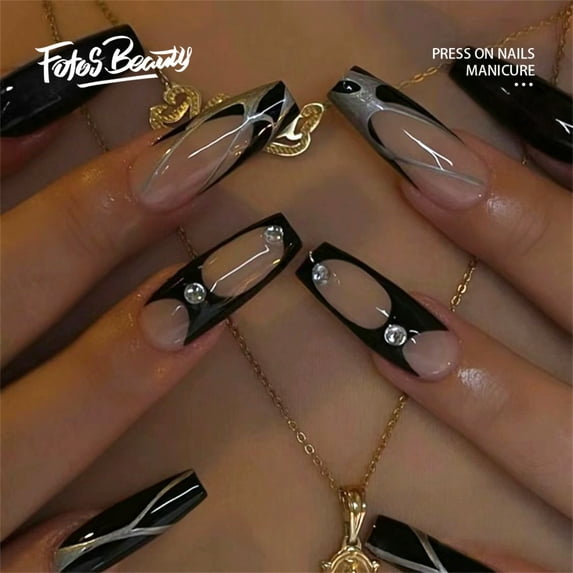 Fofosbeauty 24pcs Press on False Nails Tips, Coffin Fake Acrylic Nails, Temperament Texture Black Silver