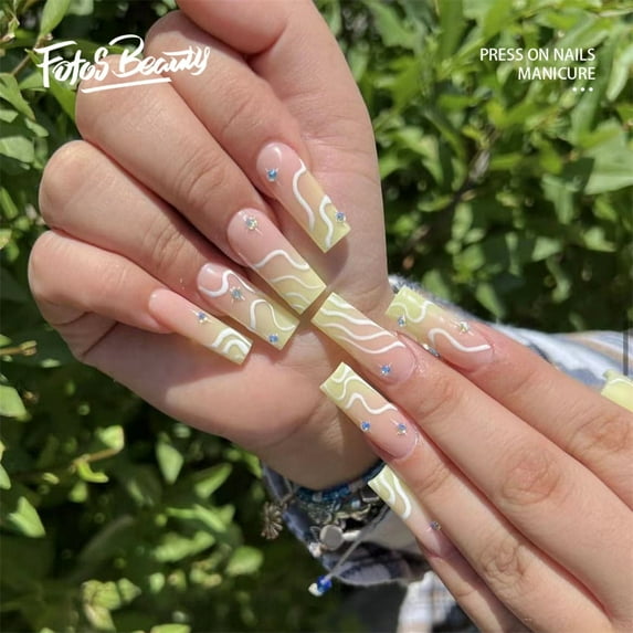 Fofosbeauty 24pcs Press on False Nails Tips, Coffin Fake Nails, Coffin Bumpy Diamond Gradation