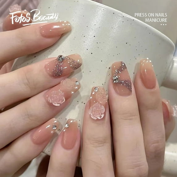 Fofosbeauty 24pcs Press on False Nails Tips, Coffin Fake Nails, Coffin Crystal Iced Camellia Pearl