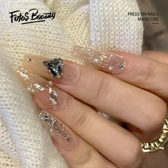 Fofosbeauty 24pcs Press on False Nails Tips, Coffin Fake Nails, Coffin Gold Foil Pearl Obsidian Love